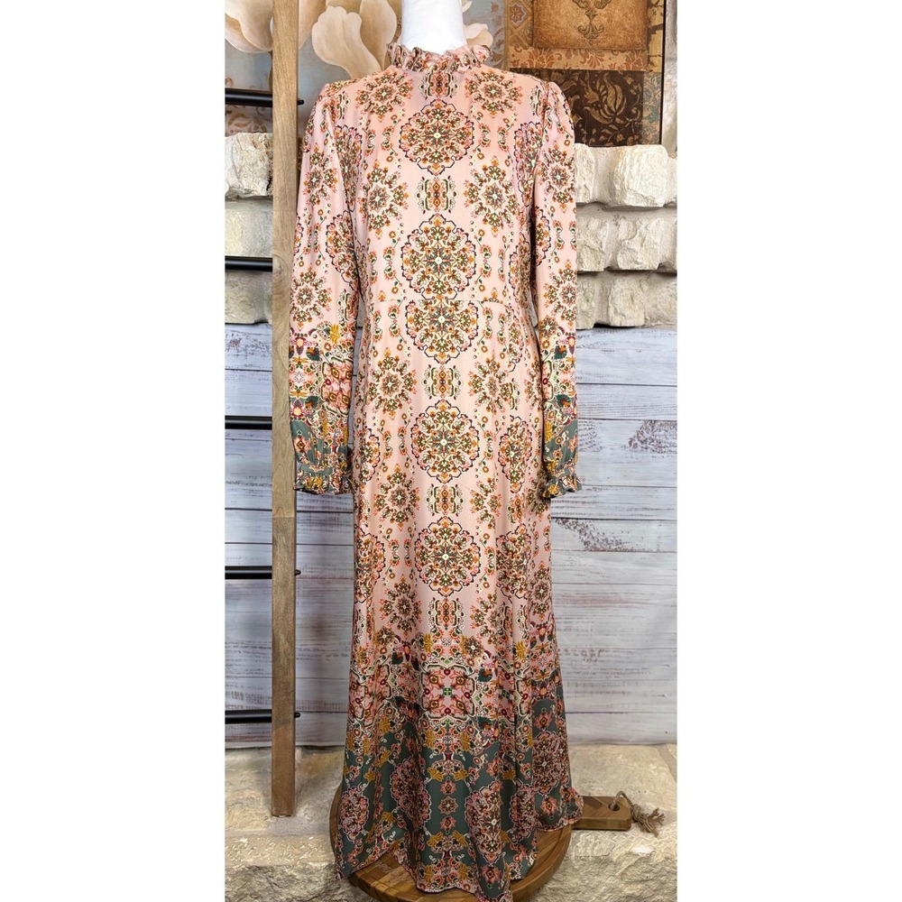 Boden Silk Blend Tapestry Print Ruffle Neck Maxi Dress Pink Multi Size 6 - Picture 4 of 16